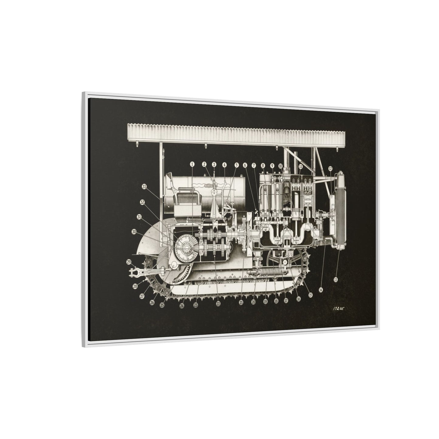 Vintage Engine Crawler Cutaway Engineering Drawing on Matte Canvas Framed | Industrial Wall Art