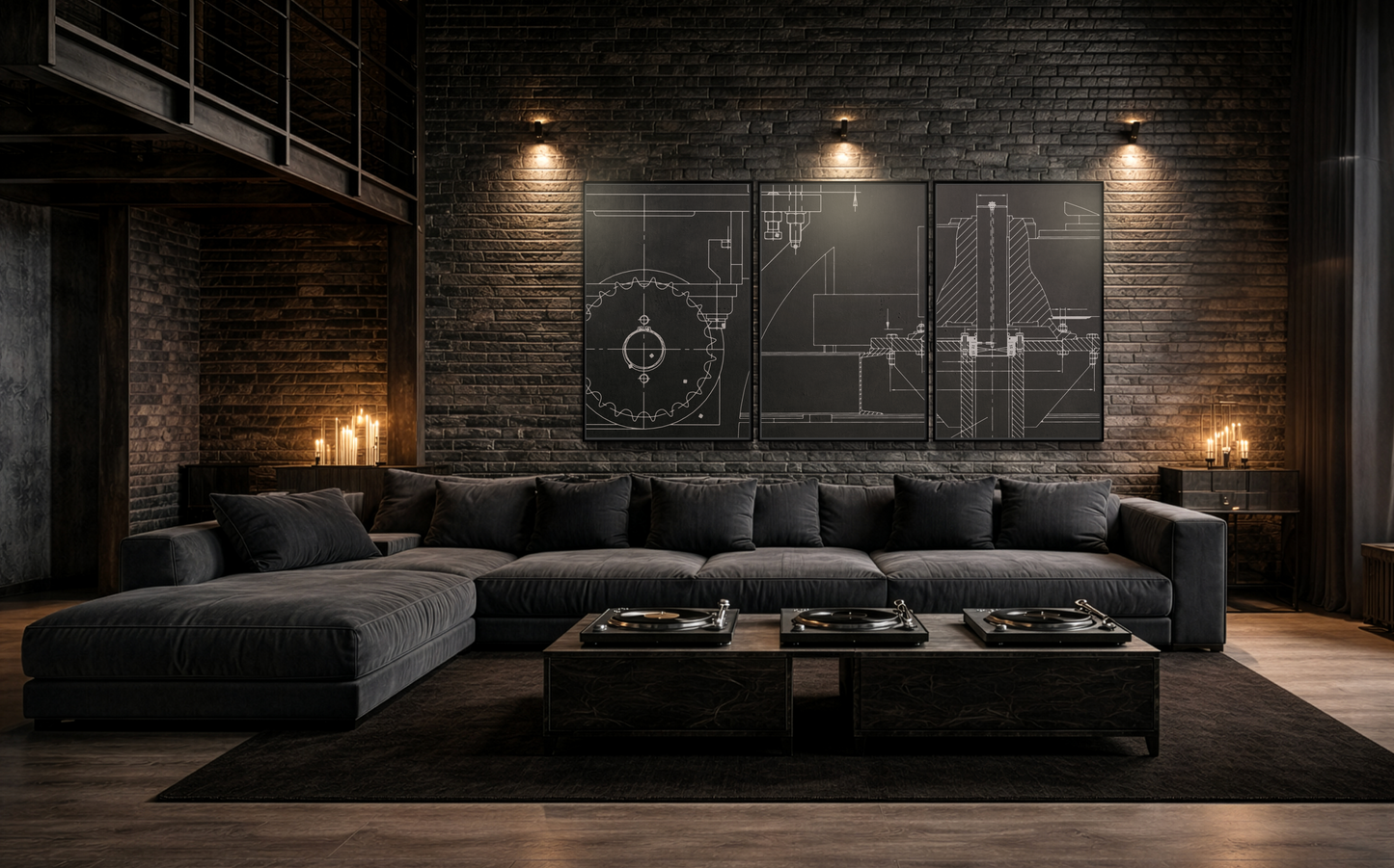 Coupling Cross Section Drawing Tryptic, Framed Wall Art on Canvas