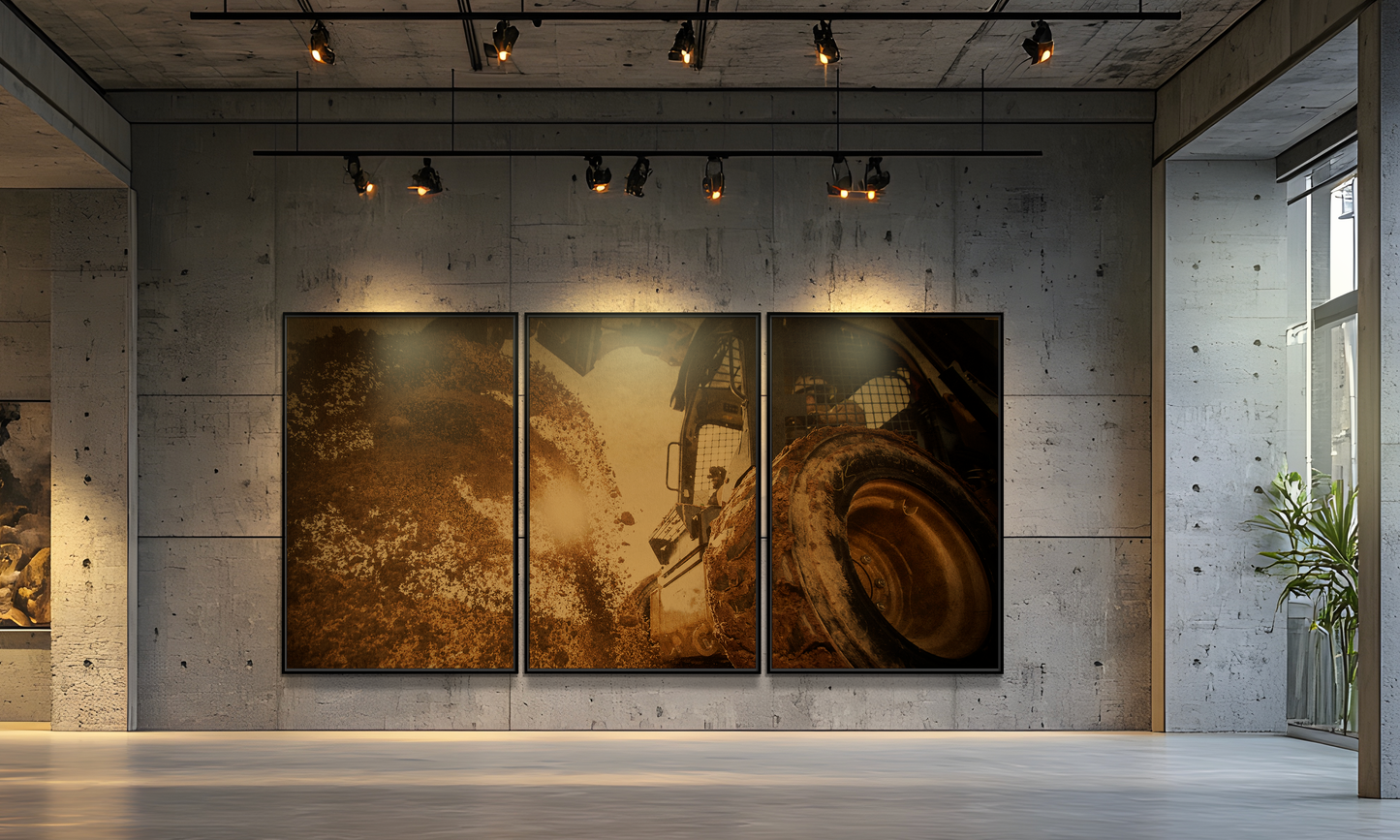 Boring Skid Steer Triptych | Gold | Unframed | Stretched Canvas