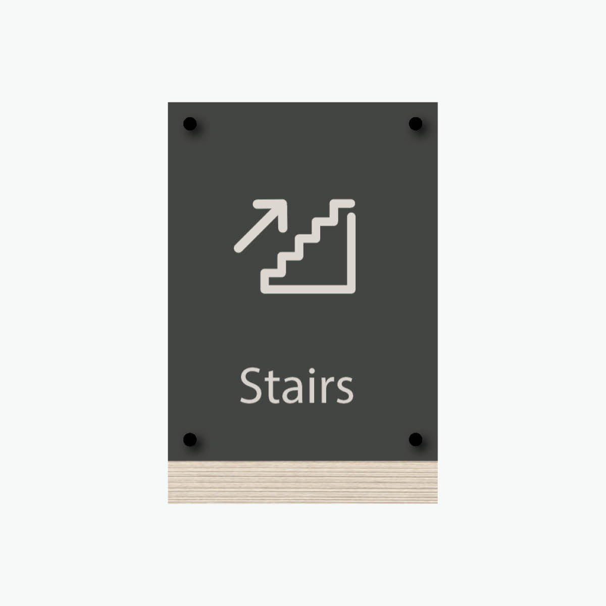 Sign with the word 'Stairs' pointing up , featuring an icon of stairs on each, wall-mounted hardware.