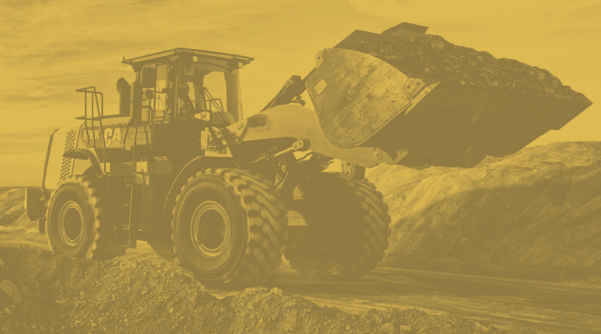 A wall mural depicting a yellow wheel loader in an outdoor setting, printed on canvas with a yellow tint.