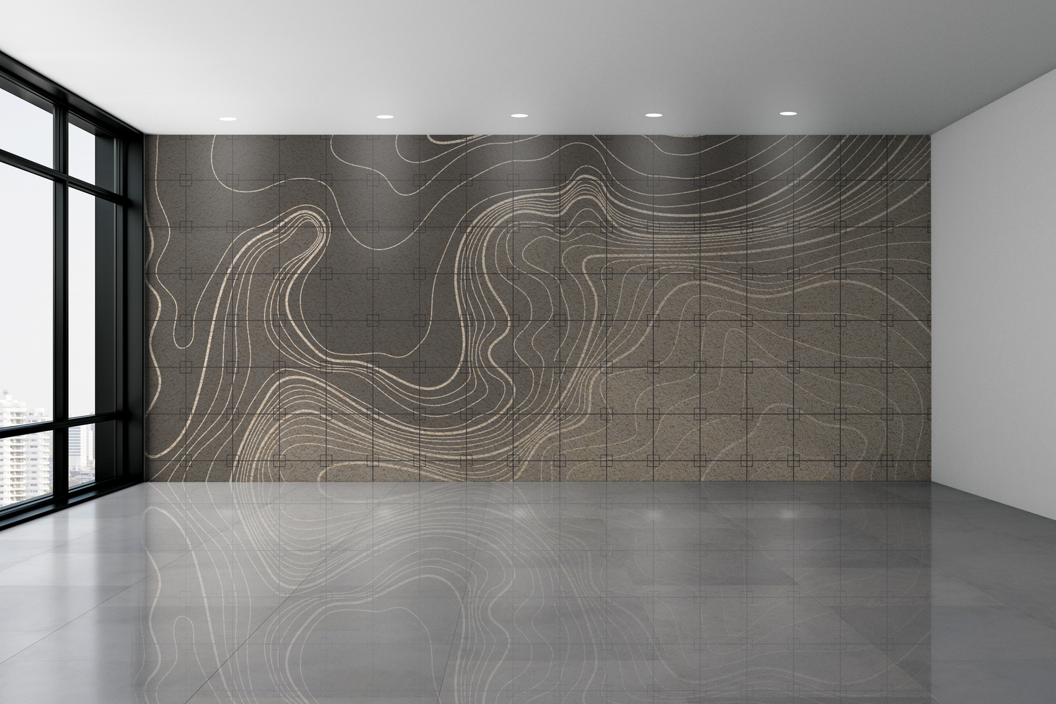 This wall covering depicts a stylized topographic art design custom created to fit your retail showroom customer experience