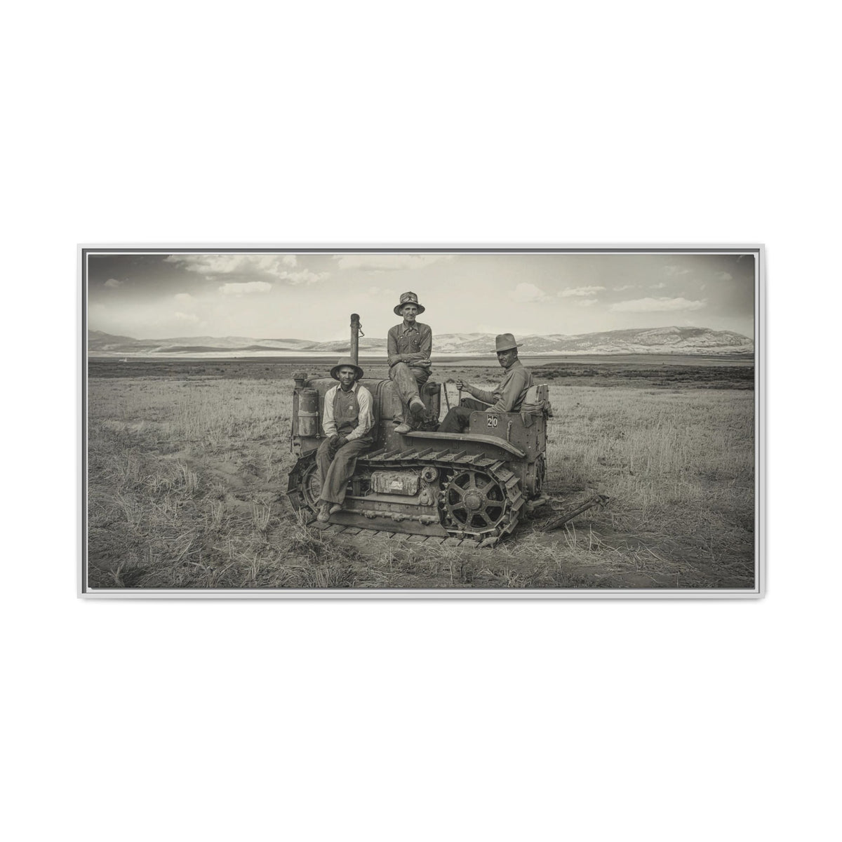 Three Men and a Tractor | Vintage Crawler in Field | Framed Wall Art on Canvas