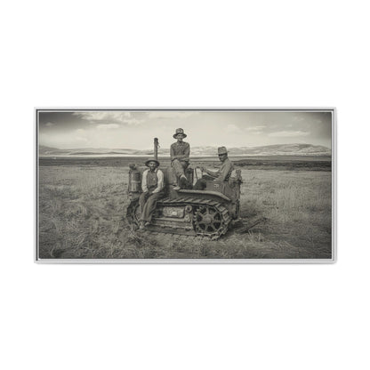 Three Men and a Tractor | Vintage Crawler in Field | Framed Wall Art on Canvas