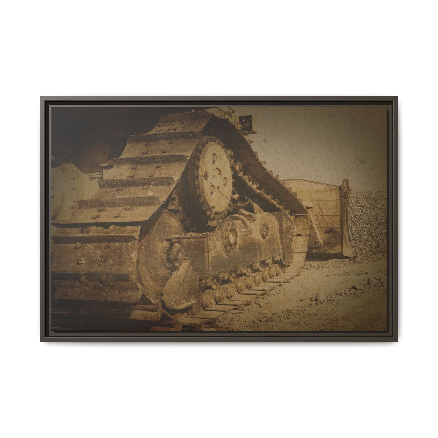 Dozer Tracks Pushing Stone | Framed Wall Art on Stretched Canvas