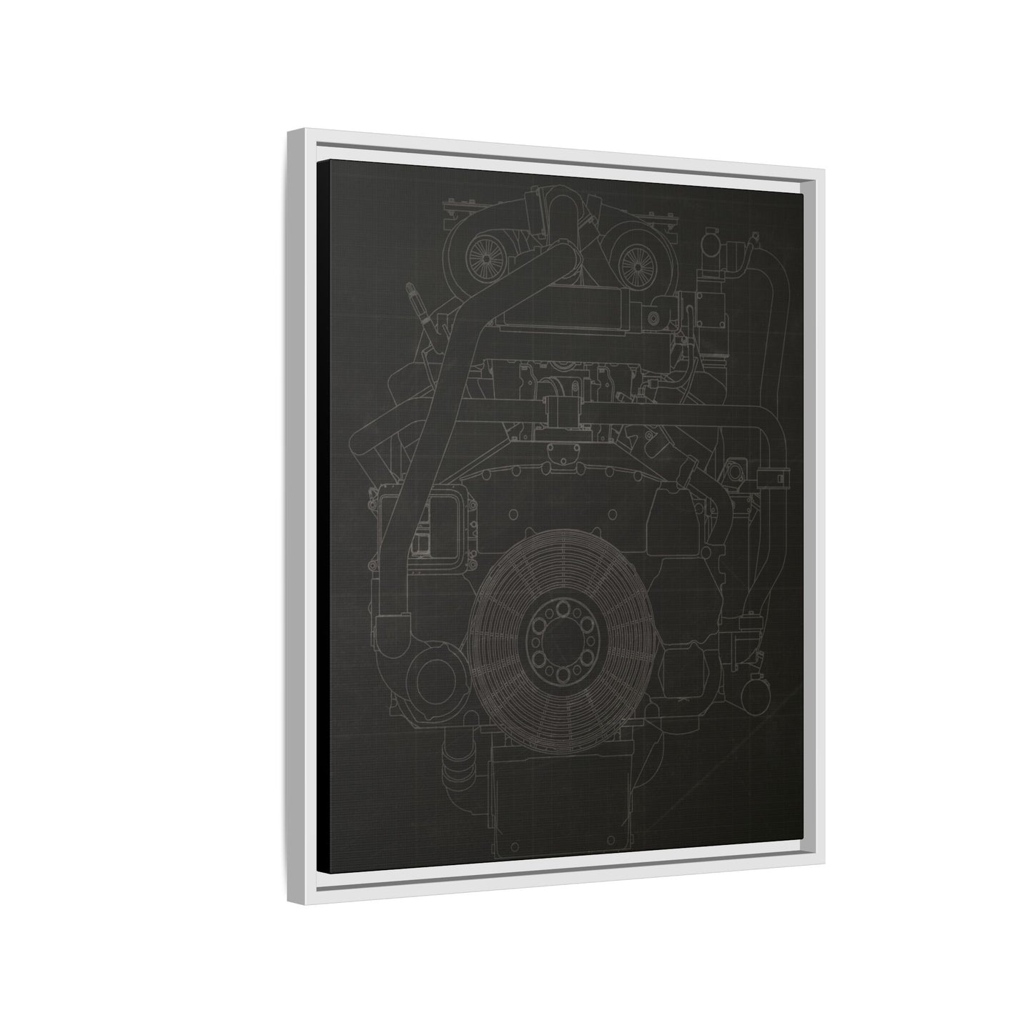 Machine Schematic Engine Drawing Front View Framed Wall Art on Stretched Canvas
