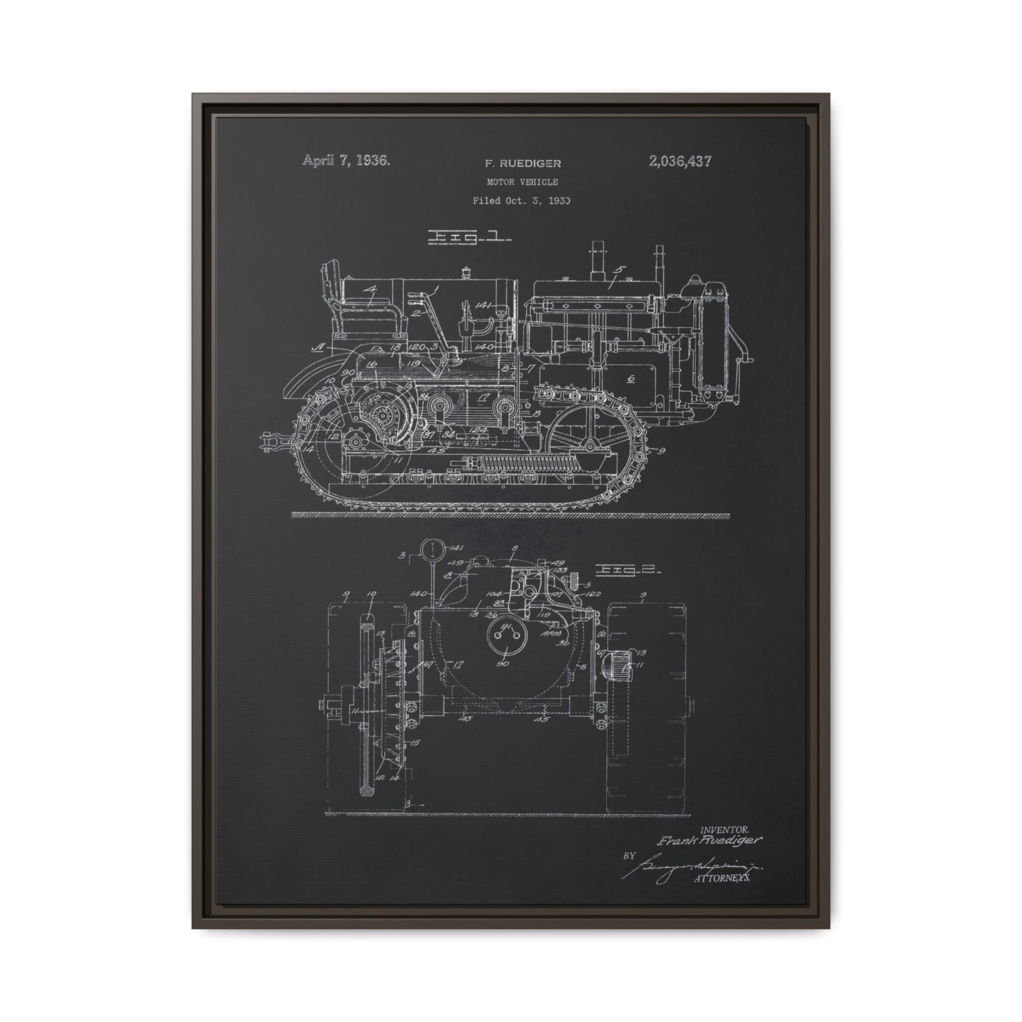 Vintage Dozer Rudiger Patent Drawing, Framed Wall Art on Canvas