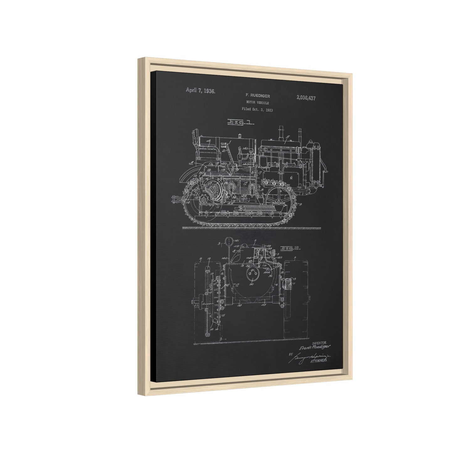 Vintage Dozer Rudiger Patent Drawing, Framed Wall Art on Canvas