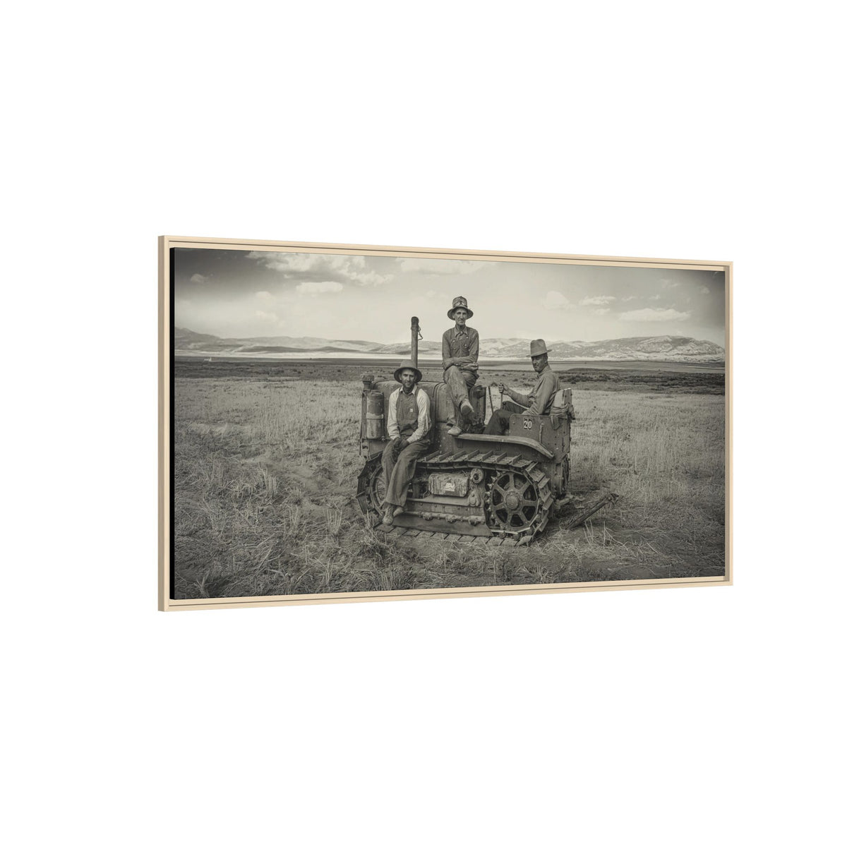 Three Men and a Tractor | Vintage Crawler in Field | Framed Wall Art on Canvas