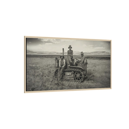 Three Men and a Tractor | Vintage Crawler in Field | Framed Wall Art on Canvas