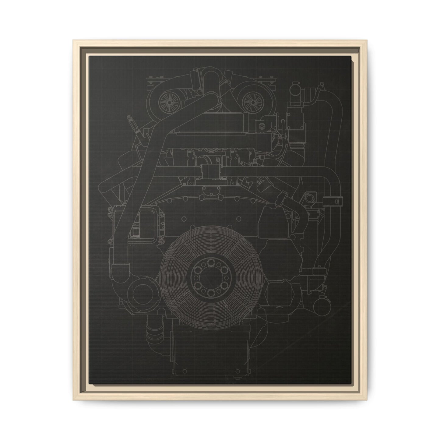 Machine Schematic Engine Drawing Front View Framed Wall Art on Stretched Canvas