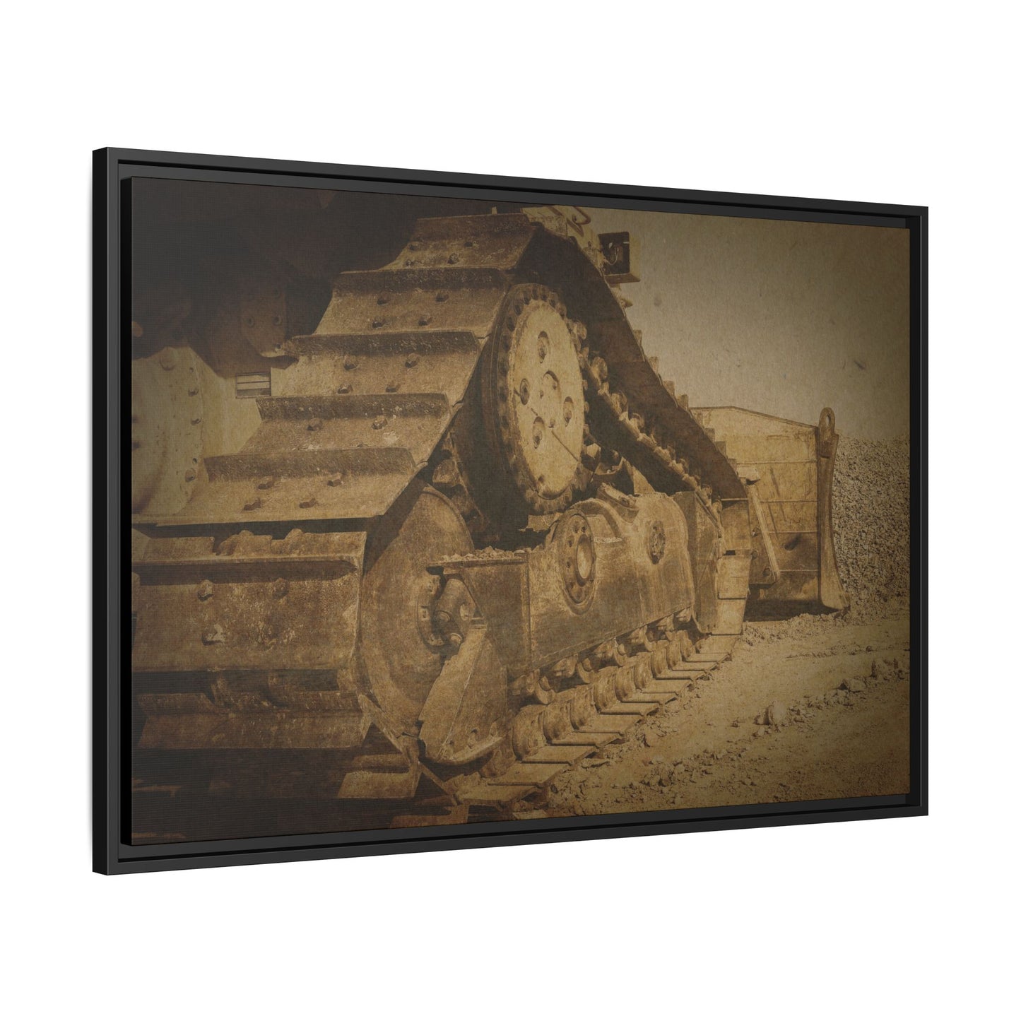 Dozer Tracks Pushing Stone | Framed Wall Art on Stretched Canvas