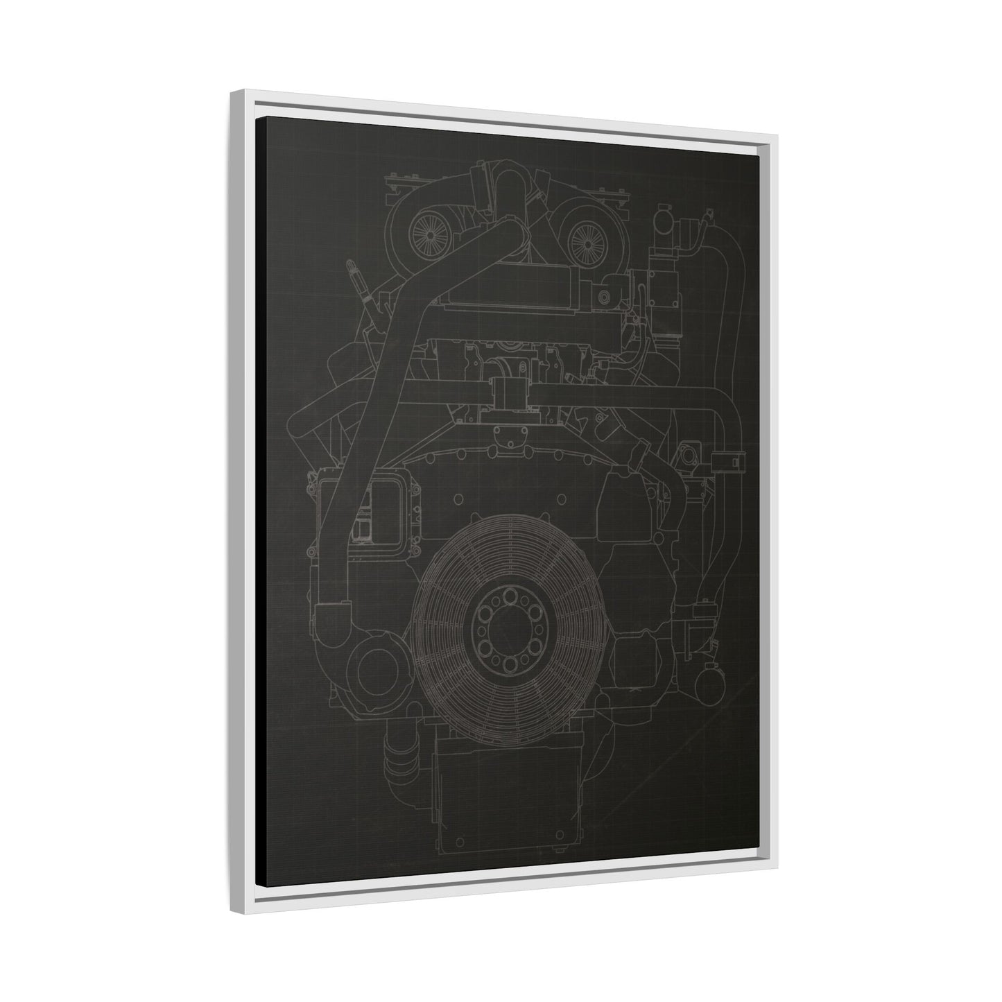 Machine Schematic Engine Drawing Front View Framed Wall Art on Stretched Canvas