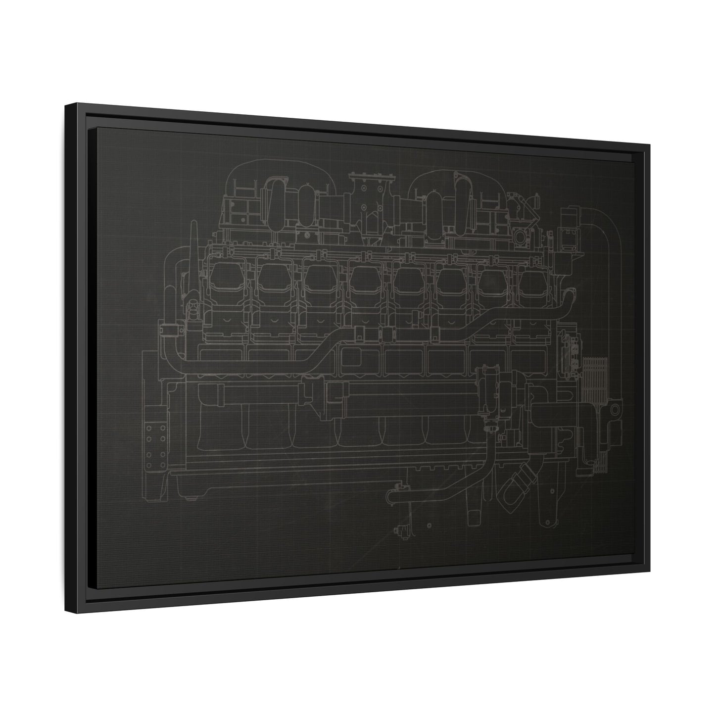 Engine Side View Schematic Drawing Framed Wall Art on Matte Canvas
