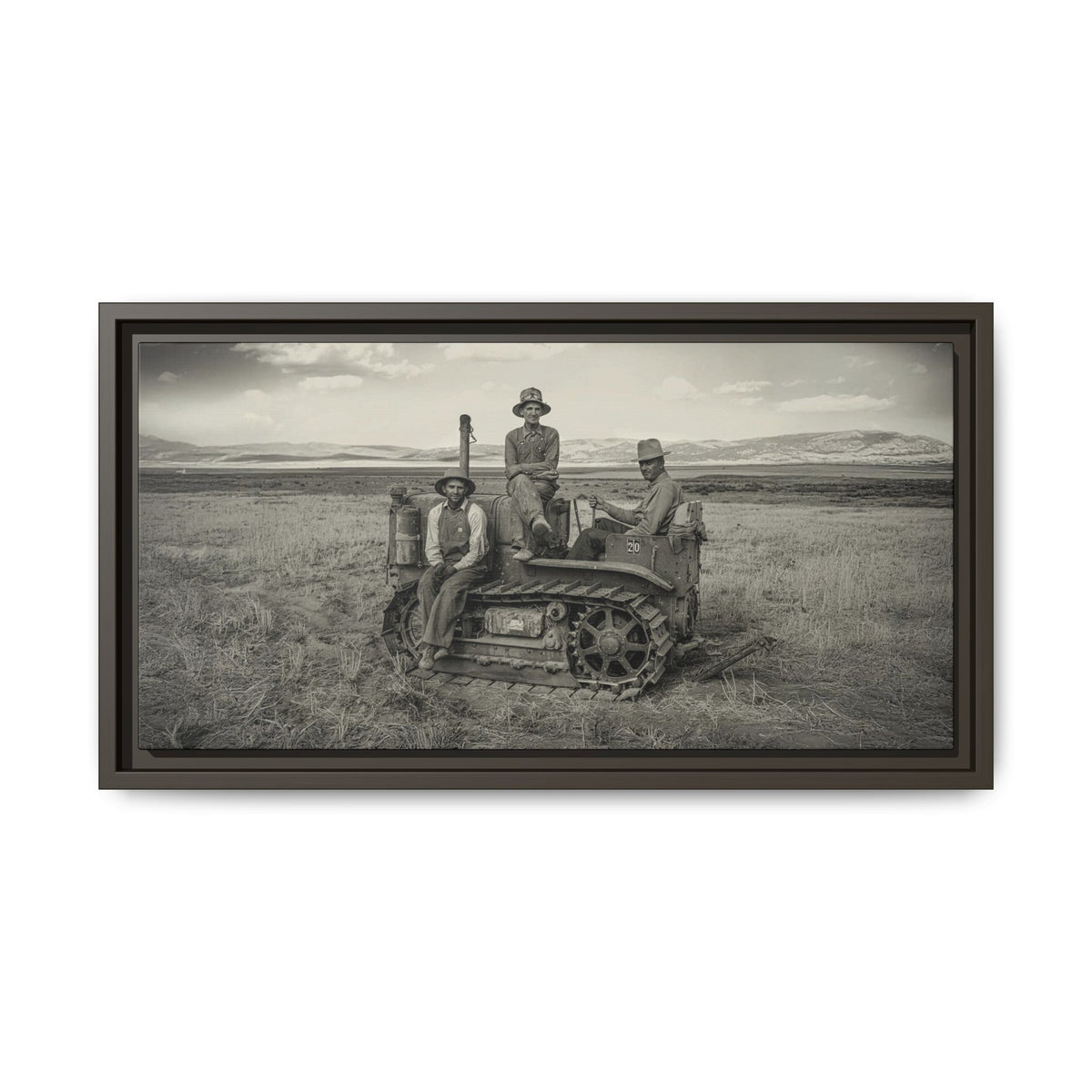 Three Men and a Tractor | Vintage Crawler in Field | Framed Wall Art on Canvas