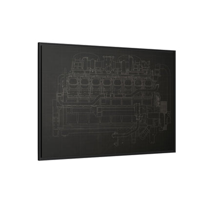 Engine Side View Schematic Drawing Framed Wall Art on Matte Canvas