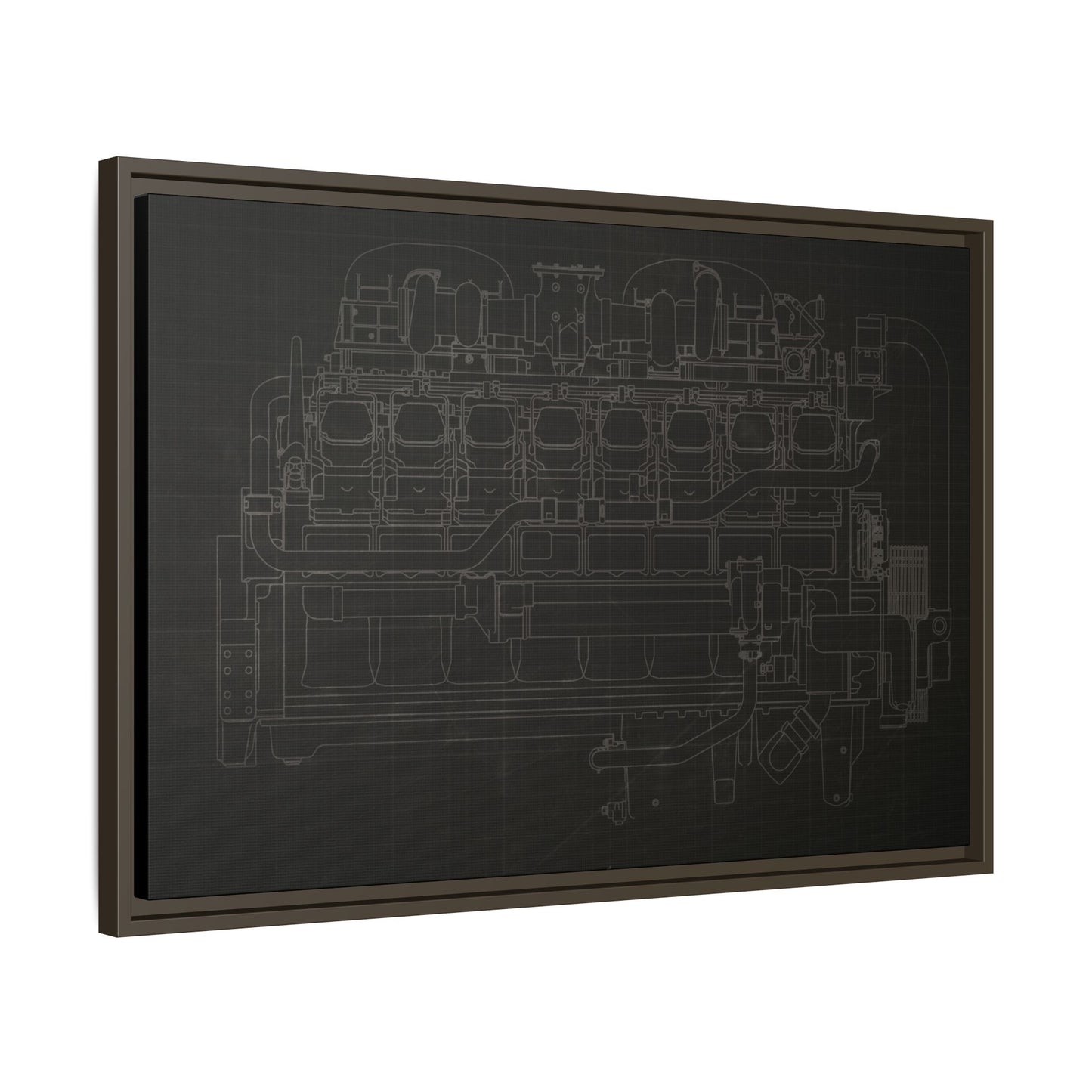 Engine Side View Schematic Drawing Framed Wall Art on Matte Canvas