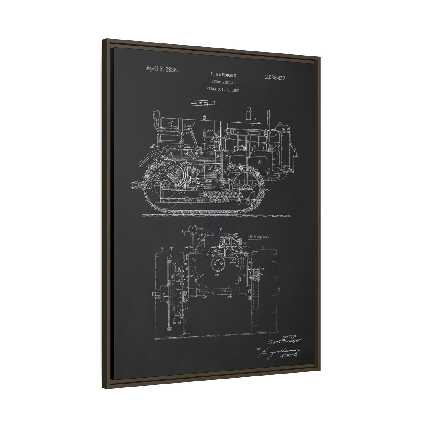 Vintage Dozer Rudiger Patent Drawing, Framed Wall Art on Canvas