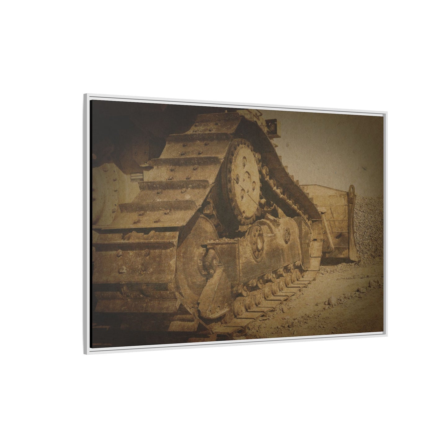 Dozer Tracks Pushing Stone | Framed Wall Art on Stretched Canvas