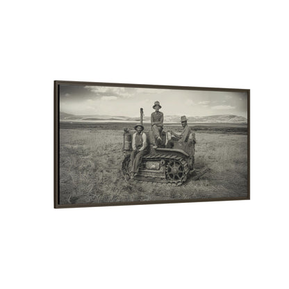 Three Men and a Tractor | Vintage Crawler in Field | Framed Wall Art on Canvas