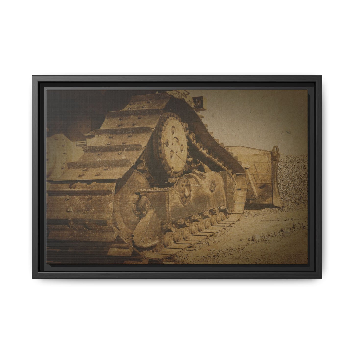 Dozer Tracks Pushing Stone | Framed Wall Art on Stretched Canvas