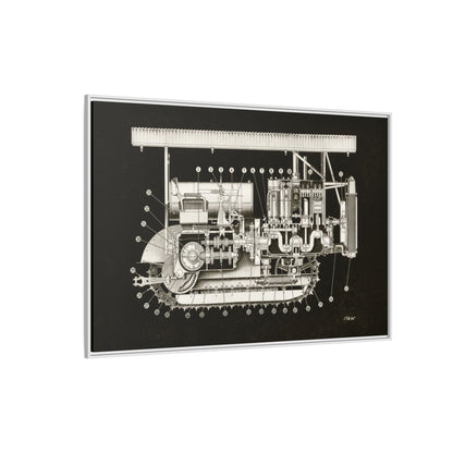 Vintage Engine Crawler Cutaway Engineering Drawing on Matte Canvas Framed | Industrial Wall Art
