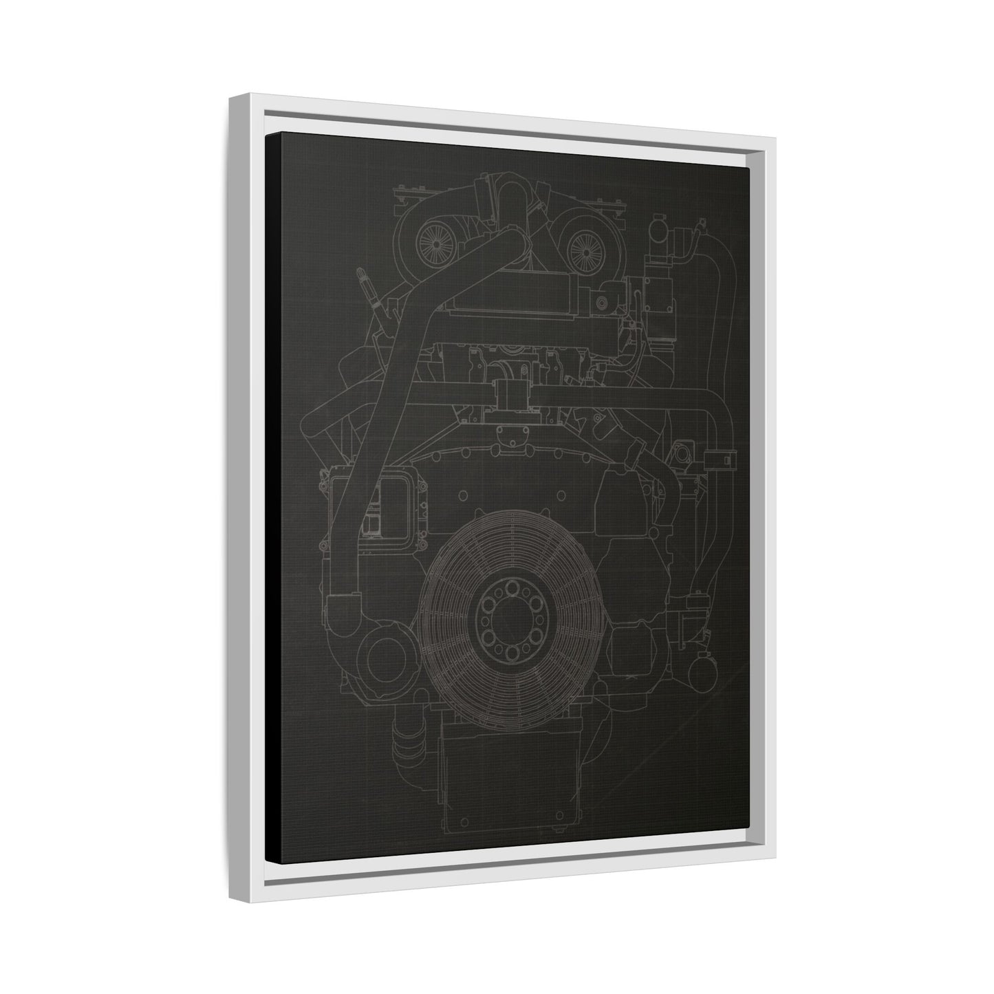 Machine Schematic Engine Drawing Front View Framed Wall Art on Stretched Canvas