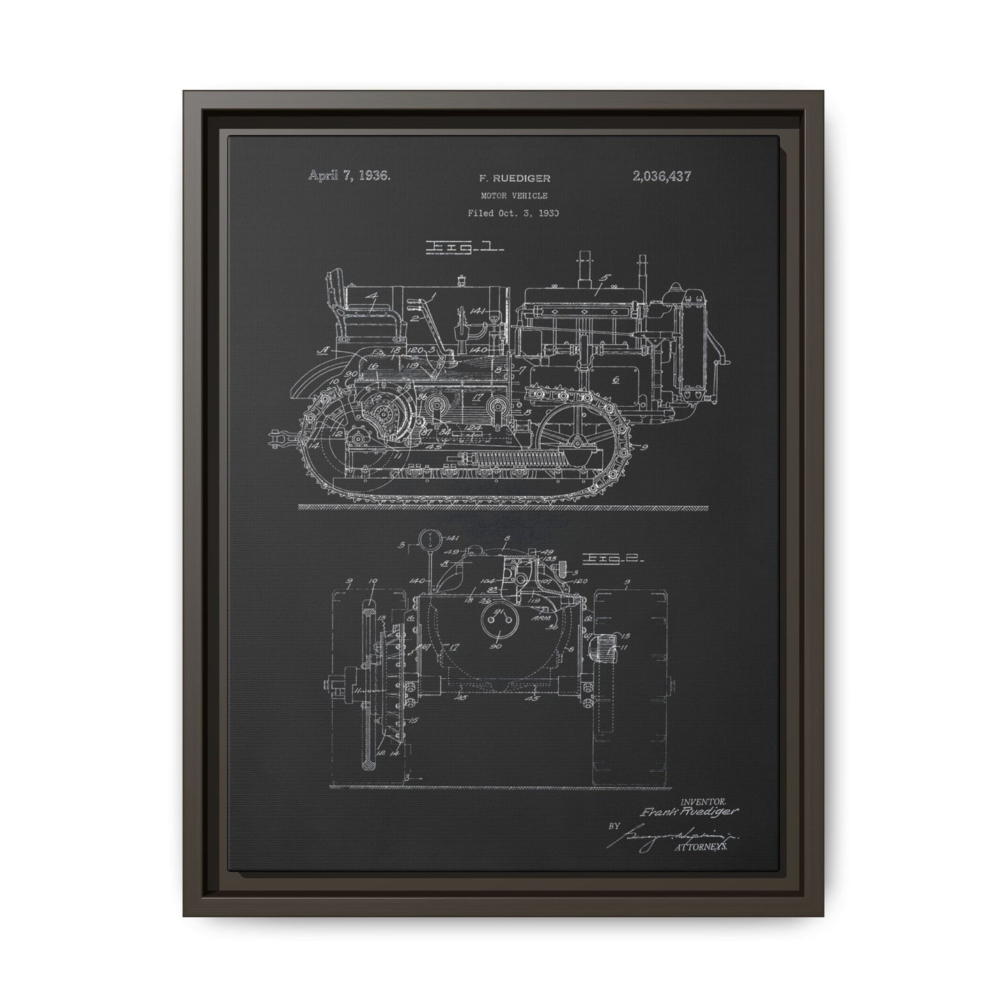 Vintage Dozer Rudiger Patent Drawing, Framed Wall Art on Canvas