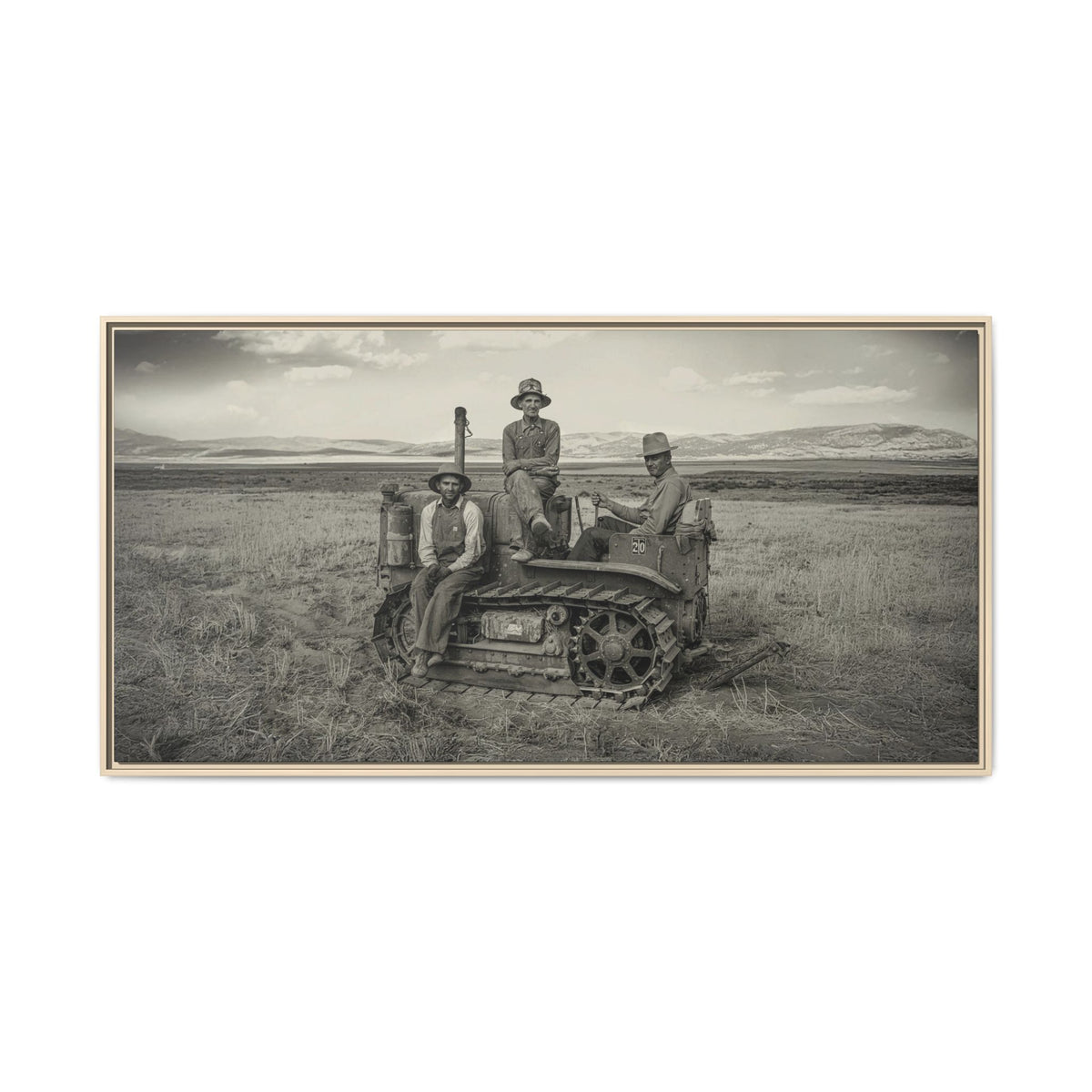 Three Men and a Tractor | Vintage Crawler in Field | Framed Wall Art on Canvas