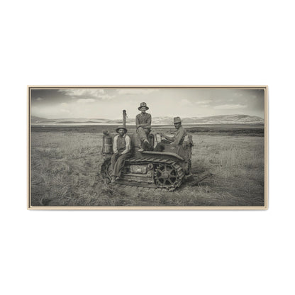 Three Men and a Tractor | Vintage Crawler in Field | Framed Wall Art on Canvas