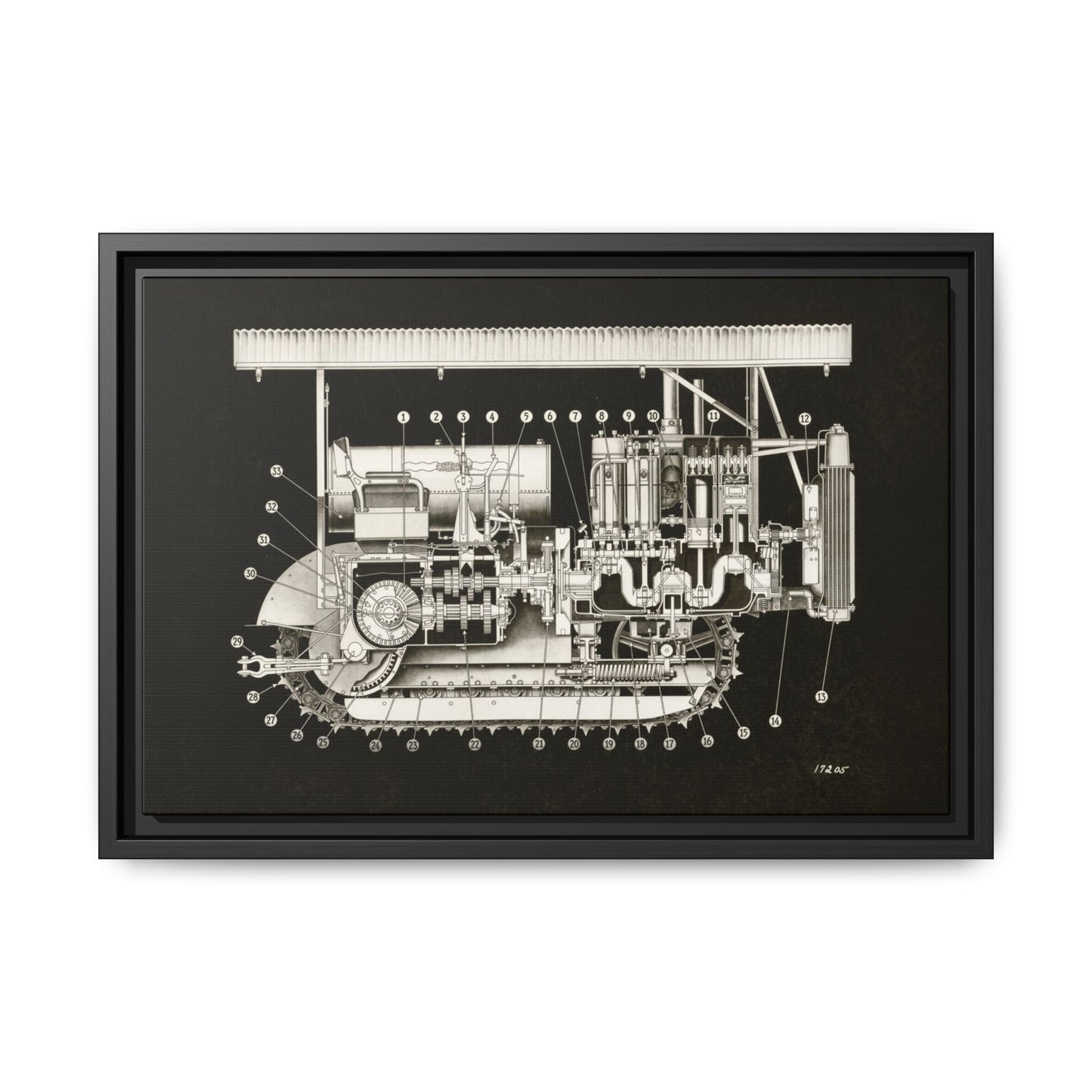 Vintage Engine Crawler Cutaway Engineering Drawing on Matte Canvas Framed | Industrial Wall Art