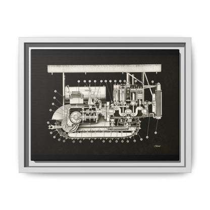 Vintage Engine Crawler Cutaway Engineering Drawing on Matte Canvas Framed | Industrial Wall Art