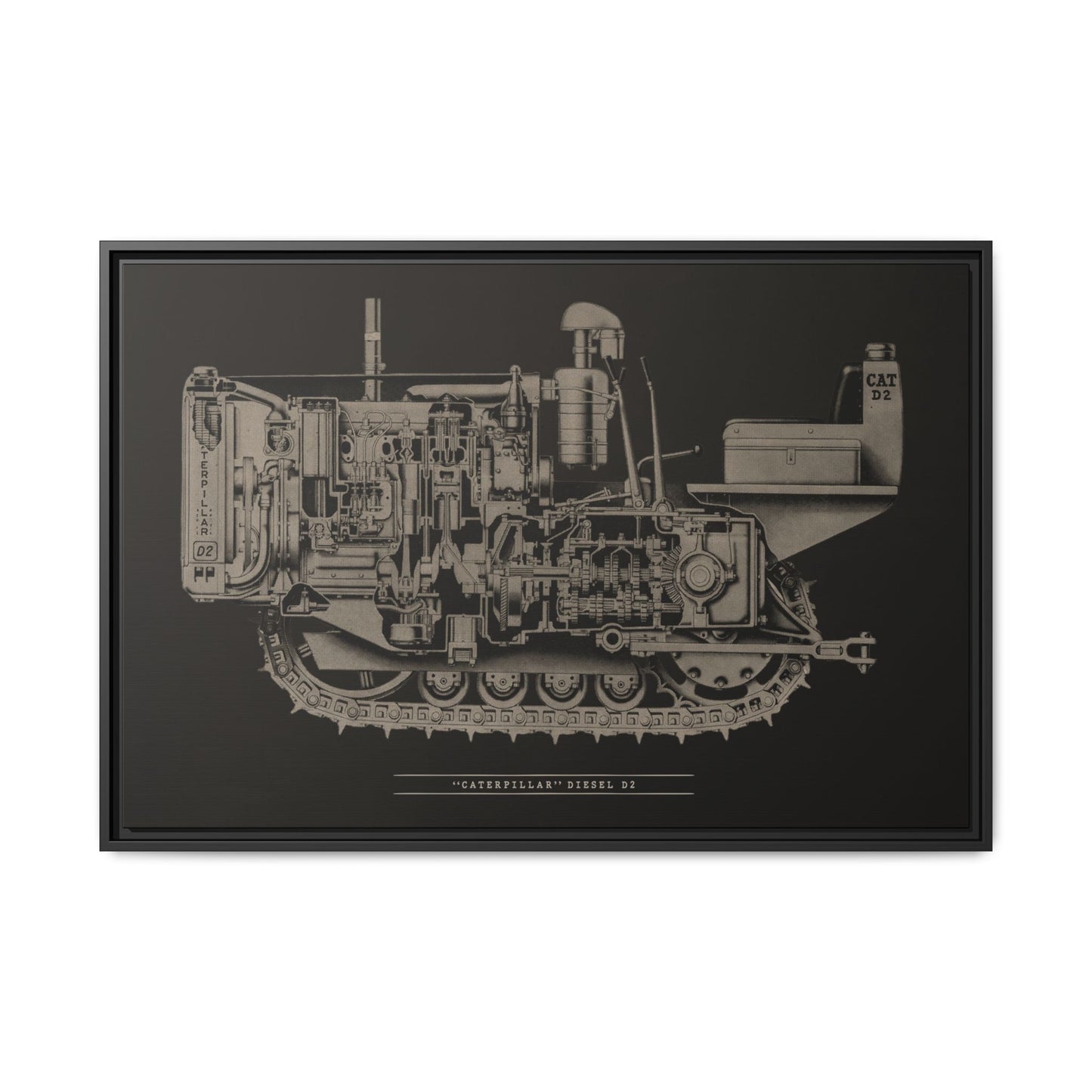 Vintage Caterpillar D2 Cutaway Drawing | Framed Wall Art on Stretched Canvas