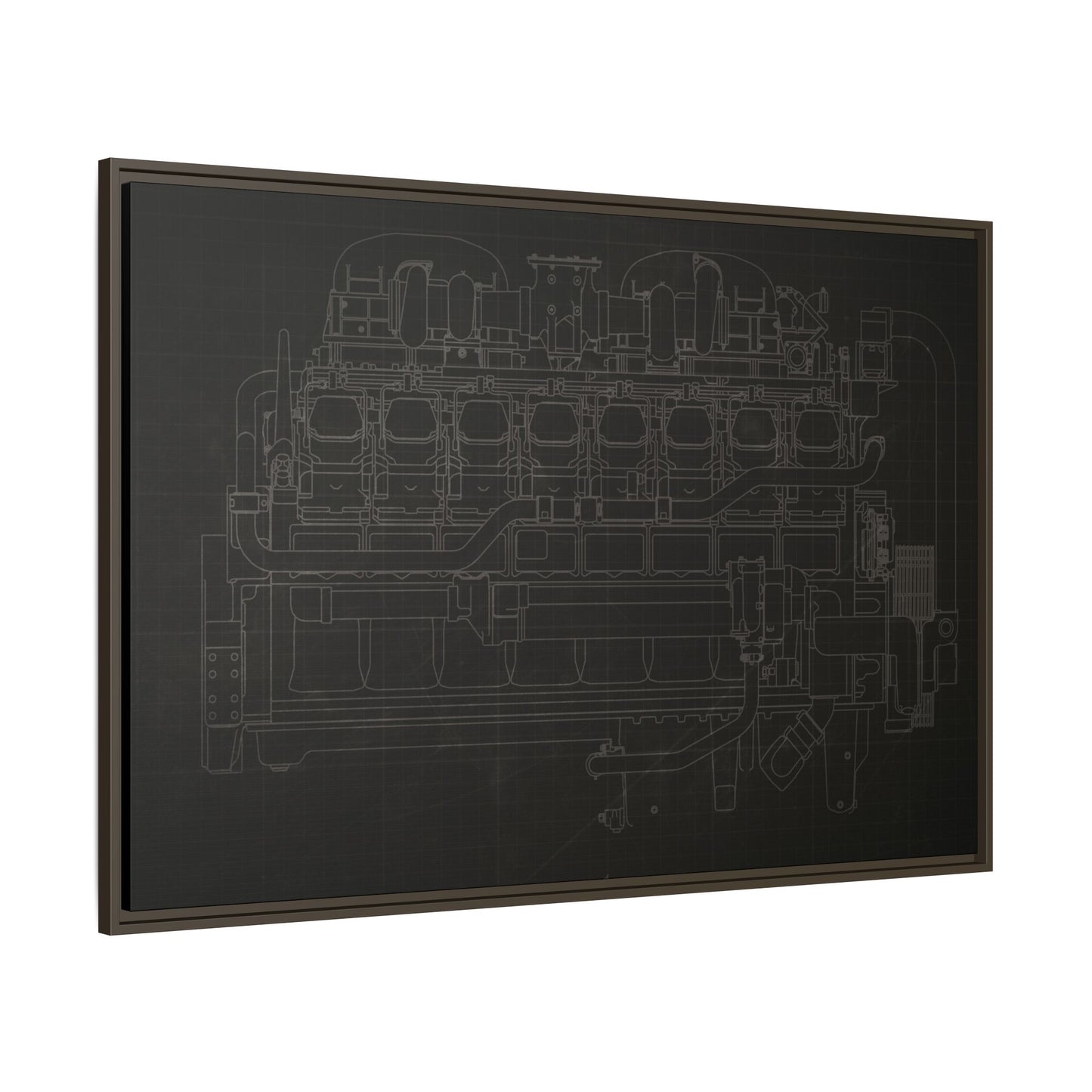 Engine Side View Schematic Drawing Framed Wall Art on Matte Canvas