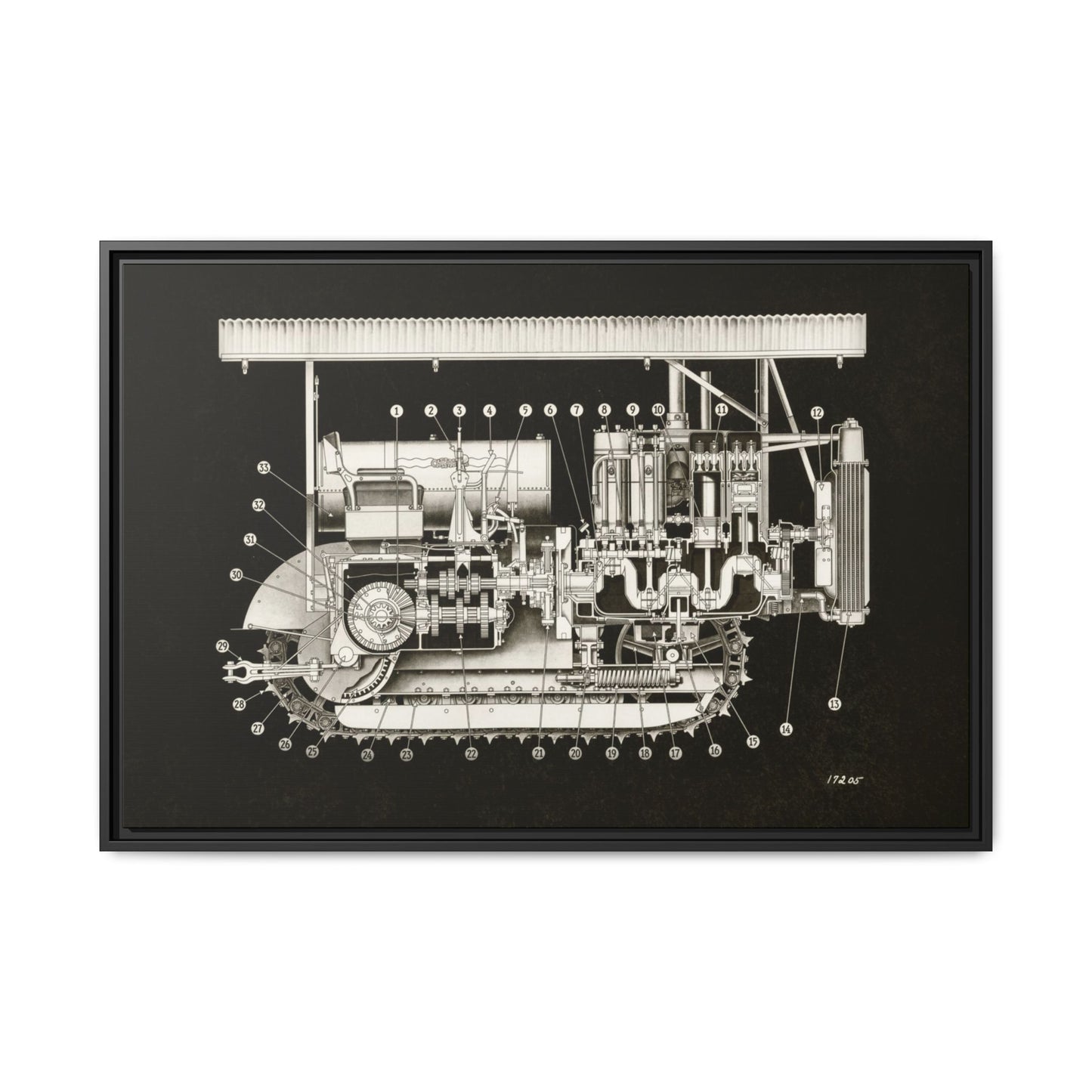 Vintage Engine Crawler Cutaway Engineering Drawing on Matte Canvas Framed | Industrial Wall Art