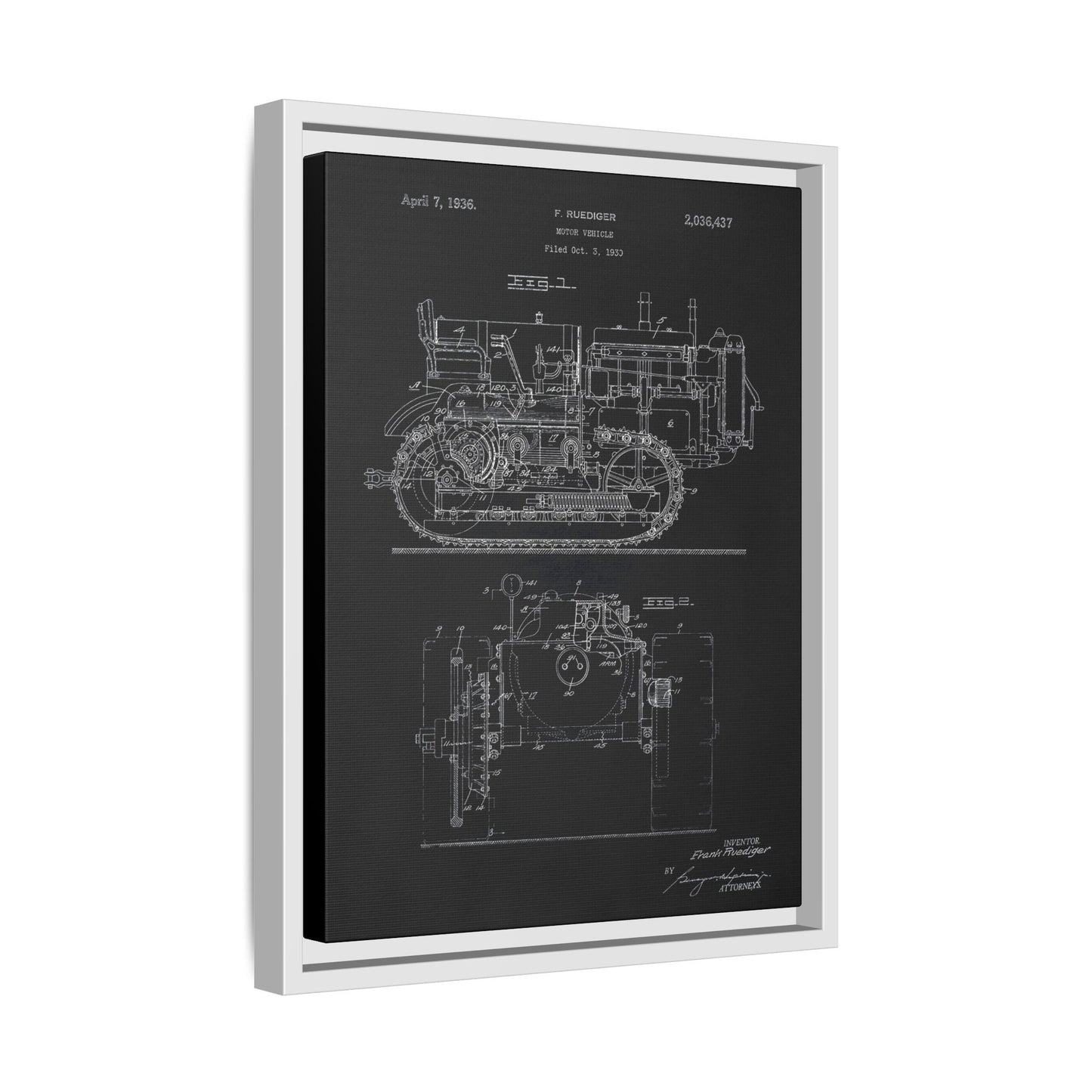 Vintage Dozer Rudiger Patent Drawing, Framed Wall Art on Canvas