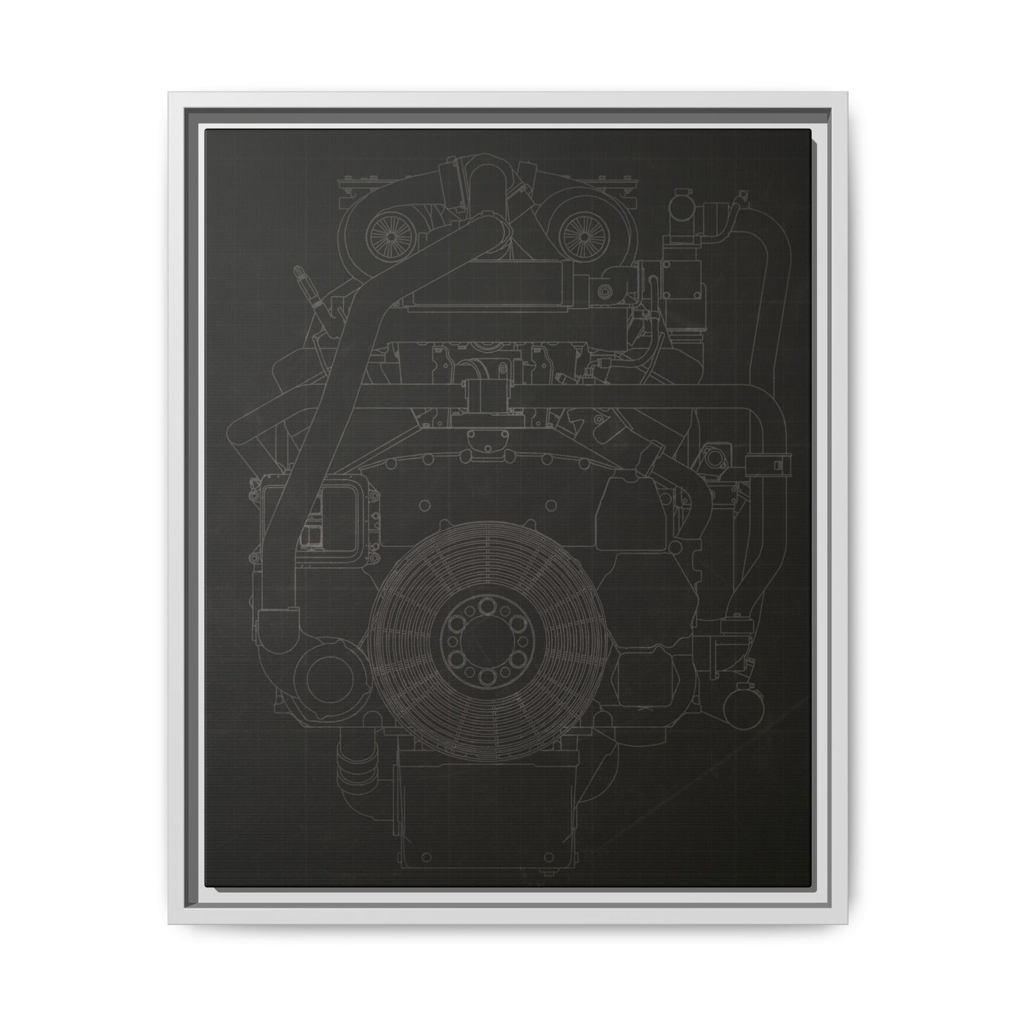 Machine Schematic Engine Drawing Front View Framed Wall Art on Stretched Canvas