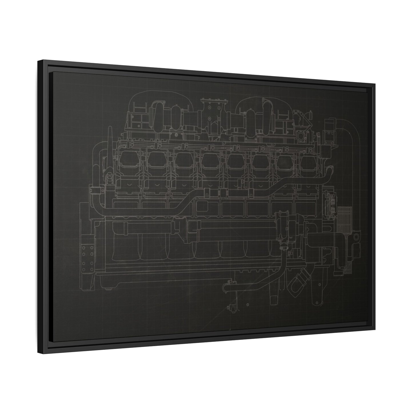 Engine Side View Schematic Drawing Framed Wall Art on Matte Canvas