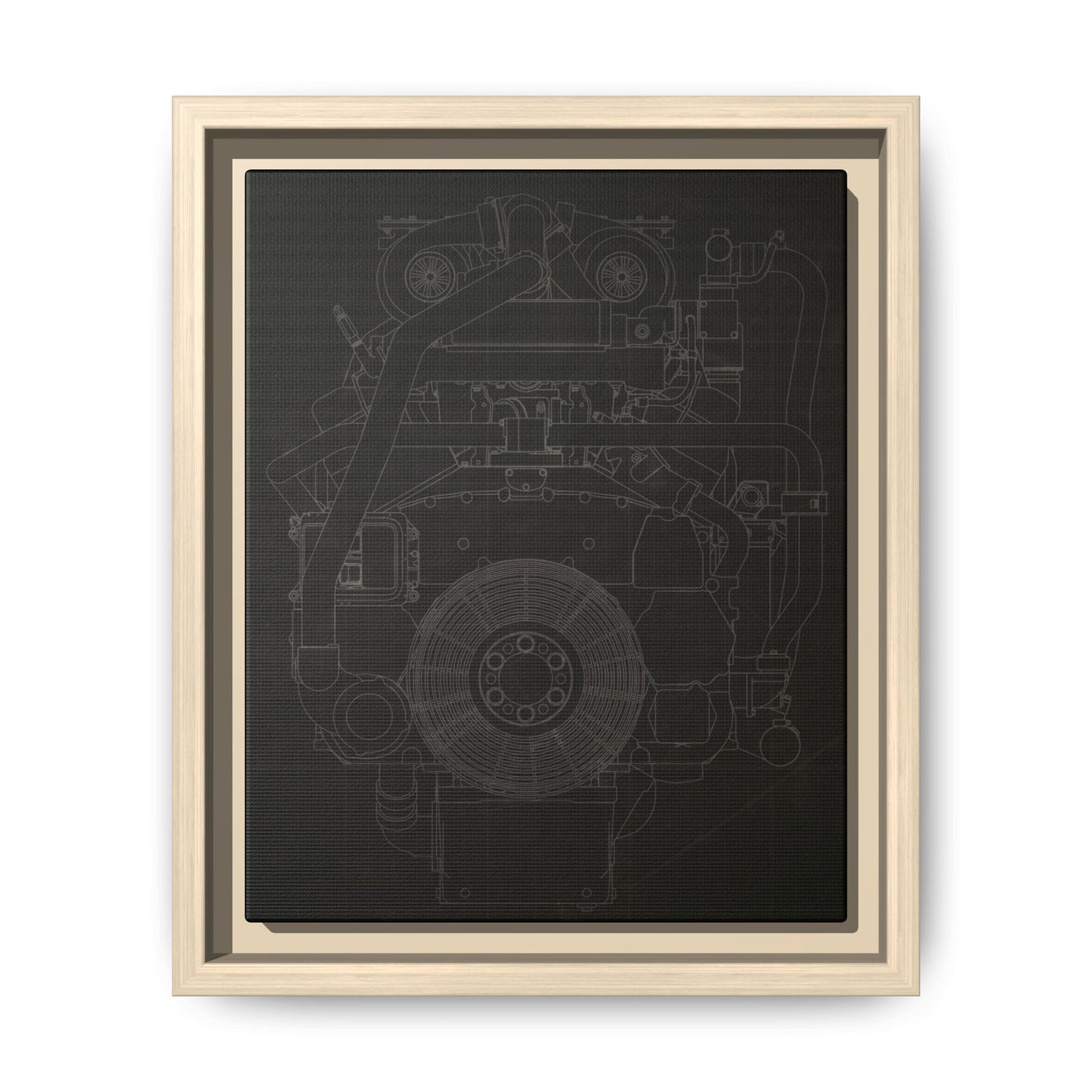 Machine Schematic Engine Drawing Front View Framed Wall Art on Stretched Canvas