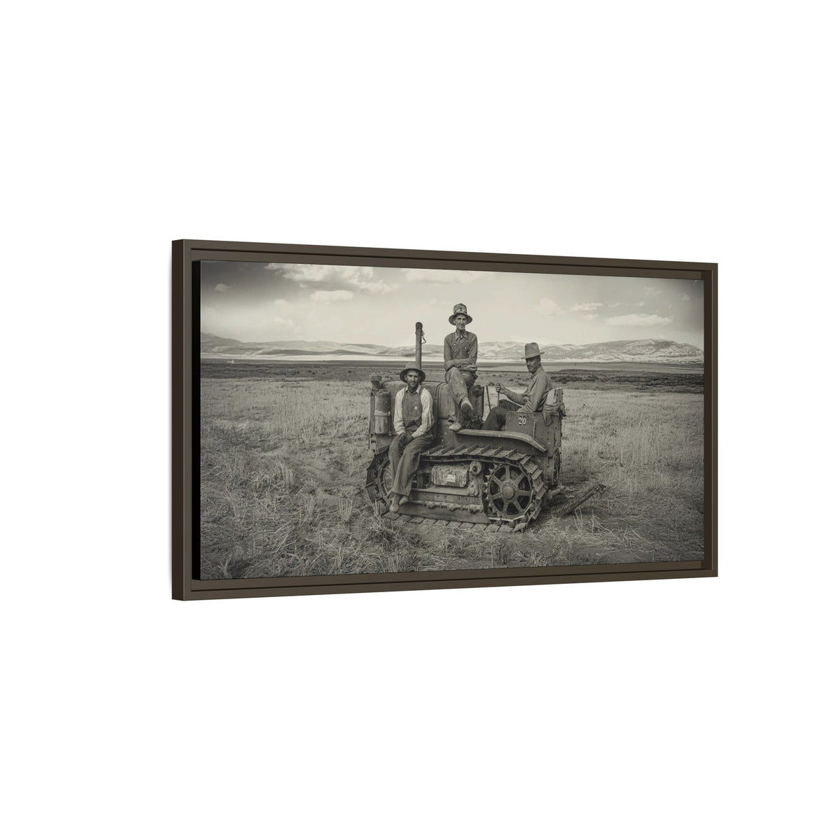 Three Men and a Tractor | Vintage Crawler in Field | Framed Wall Art on Canvas