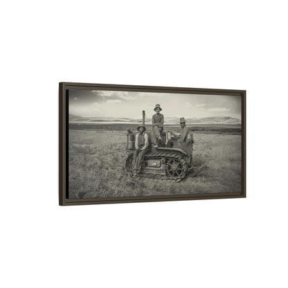 Three Men and a Tractor | Vintage Crawler in Field | Framed Wall Art on Canvas
