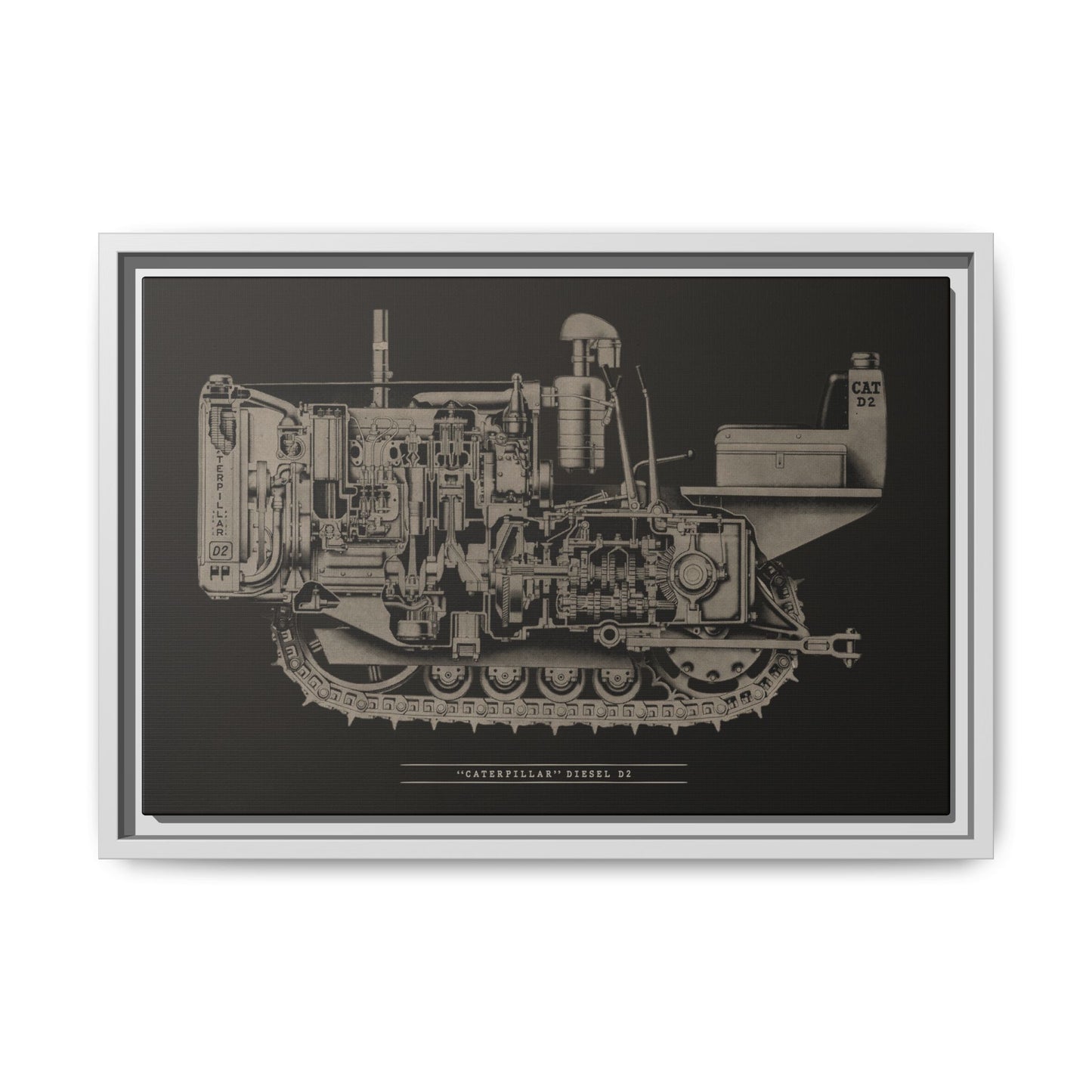 Vintage Caterpillar D2 Cutaway Drawing | Framed Wall Art on Stretched Canvas