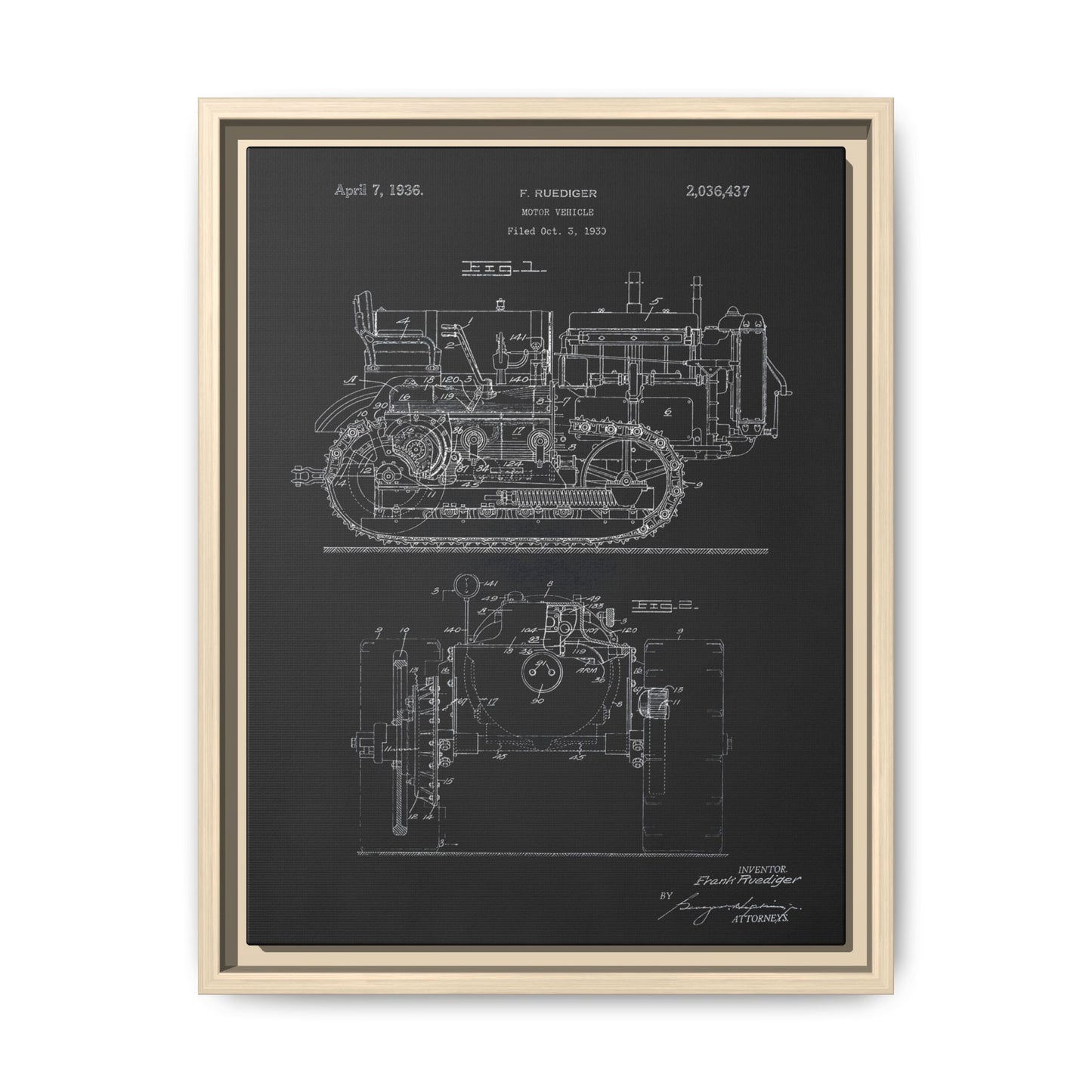 Vintage Dozer Rudiger Patent Drawing, Framed Wall Art on Canvas