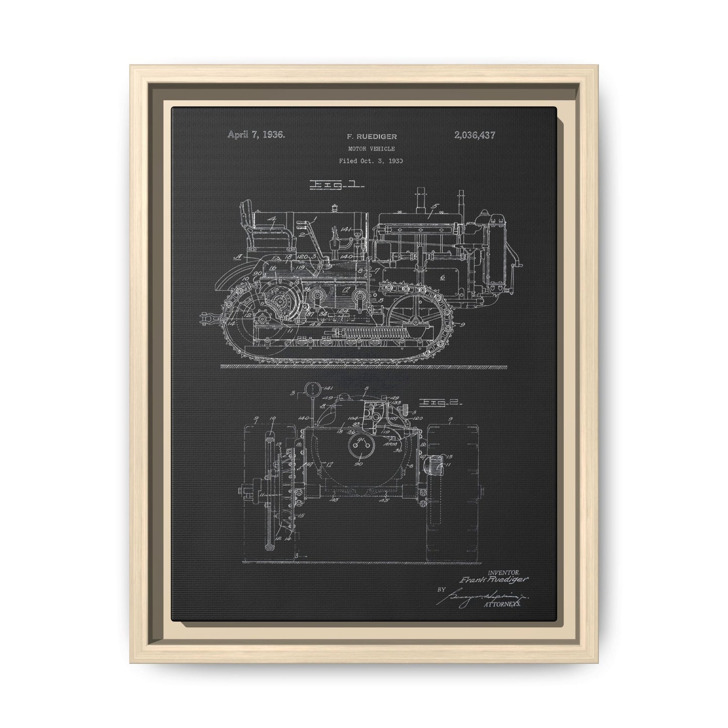 Vintage Dozer Rudiger Patent Drawing, Framed Wall Art on Canvas