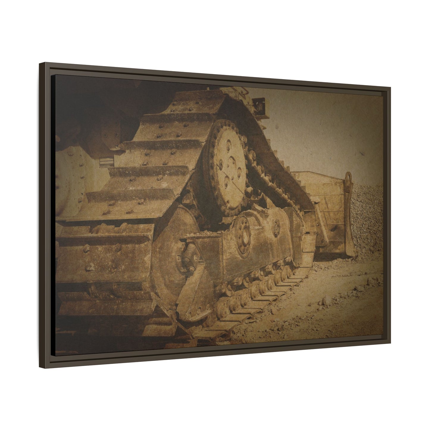 Dozer Tracks Pushing Stone | Framed Wall Art on Stretched Canvas
