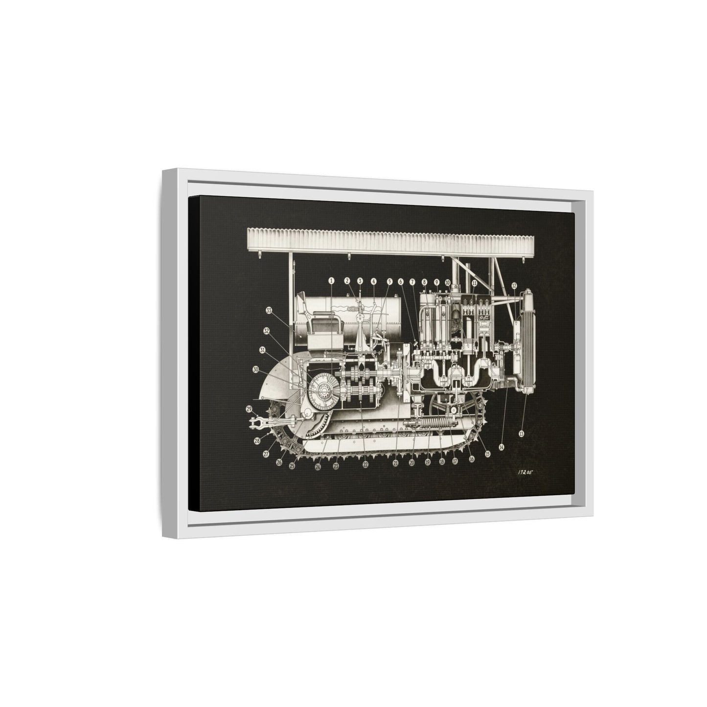 Vintage Engine Crawler Cutaway Engineering Drawing on Matte Canvas Framed | Industrial Wall Art