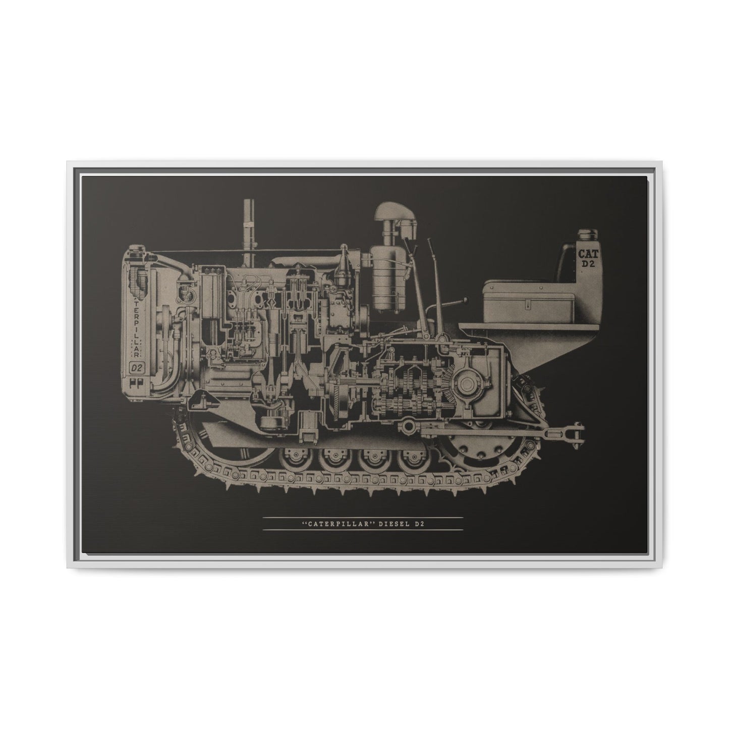 Vintage Caterpillar D2 Cutaway Drawing | Framed Wall Art on Stretched Canvas