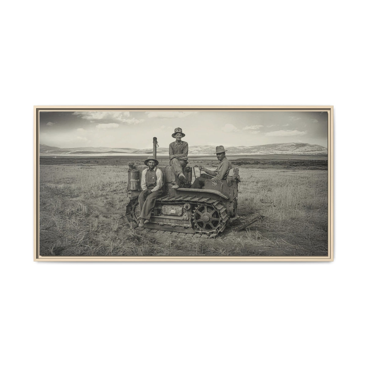 Three Men and a Tractor | Vintage Crawler in Field | Framed Wall Art on Canvas