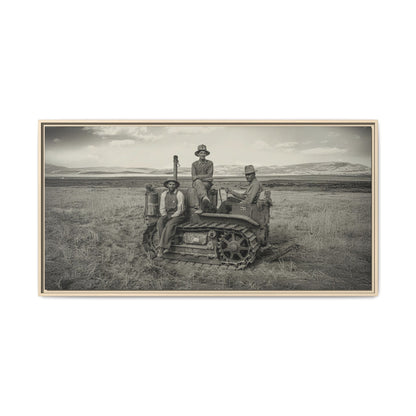 Three Men and a Tractor | Vintage Crawler in Field | Framed Wall Art on Canvas