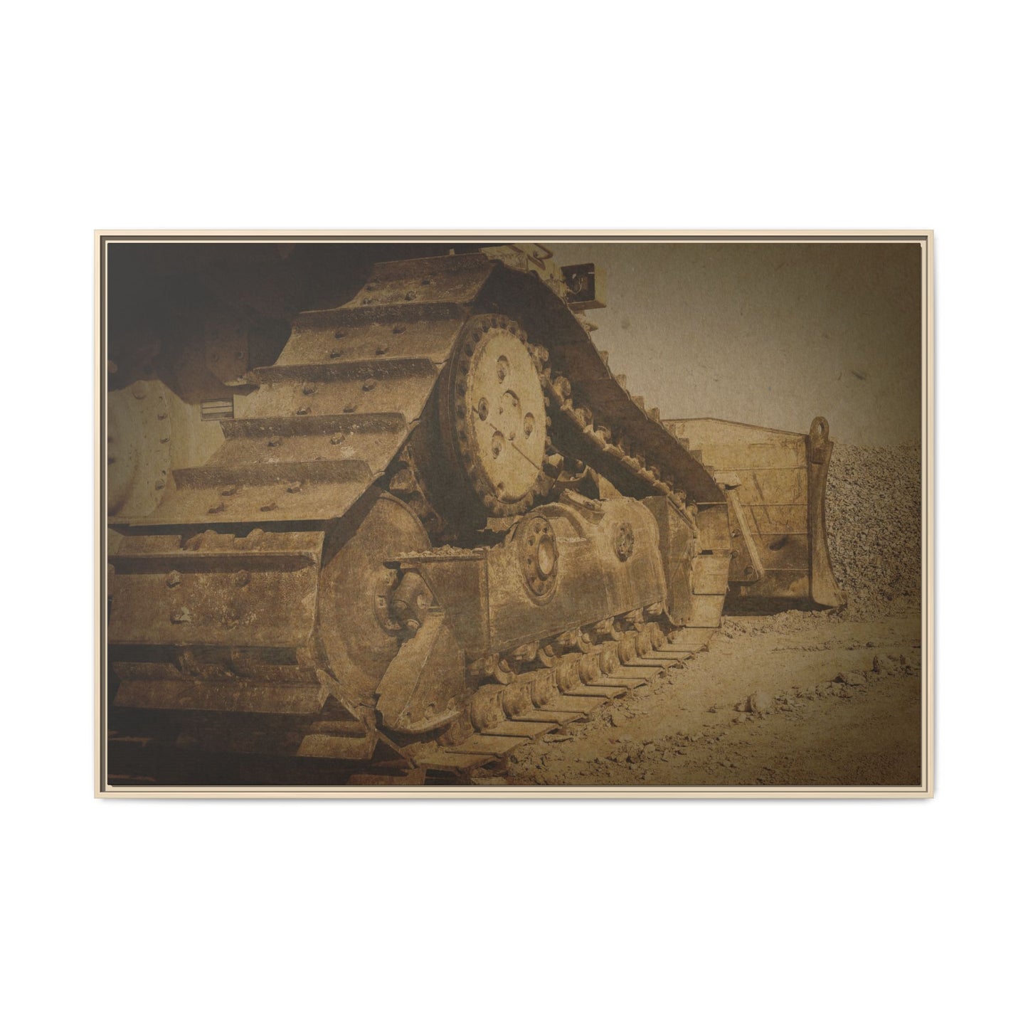 Dozer Tracks Pushing Stone | Framed Wall Art on Stretched Canvas